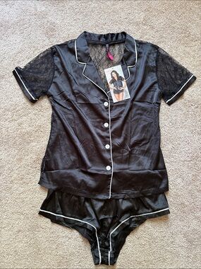 Black Satin & Lace Pajama Set